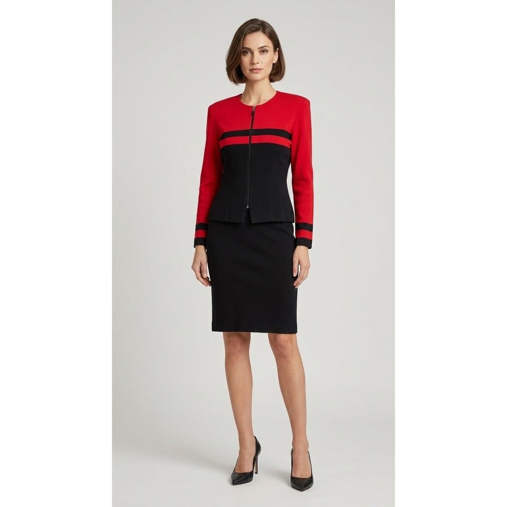 Positive Attitude Skirt Suit Women Small Red Black Colorblock Jacket Pencil Set